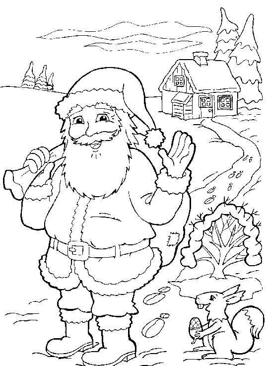 coloriage le pere noel devant le chalet